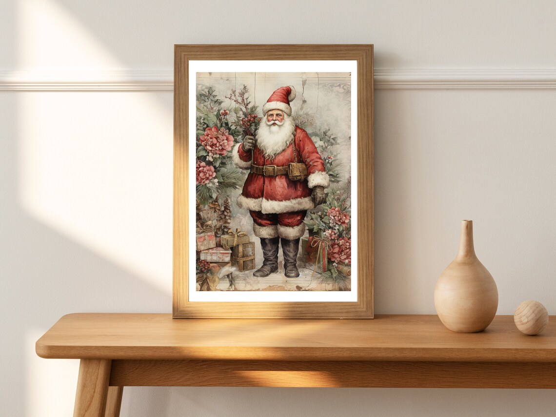 Vintage Santa Claus with Gifts and Poinsettias Christmas Poster - Image 4