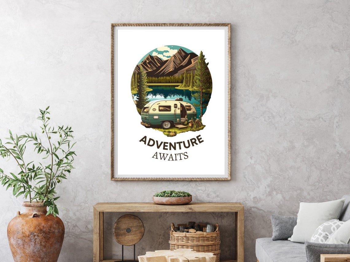 Adventure Awaits Vintage Camper Van Mountain Lake Retro Art Print - Image 4
