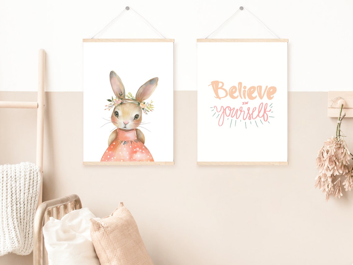 Bashful Bunny In Coral Dress With Flower Crown Watercolor Poster - Image 4