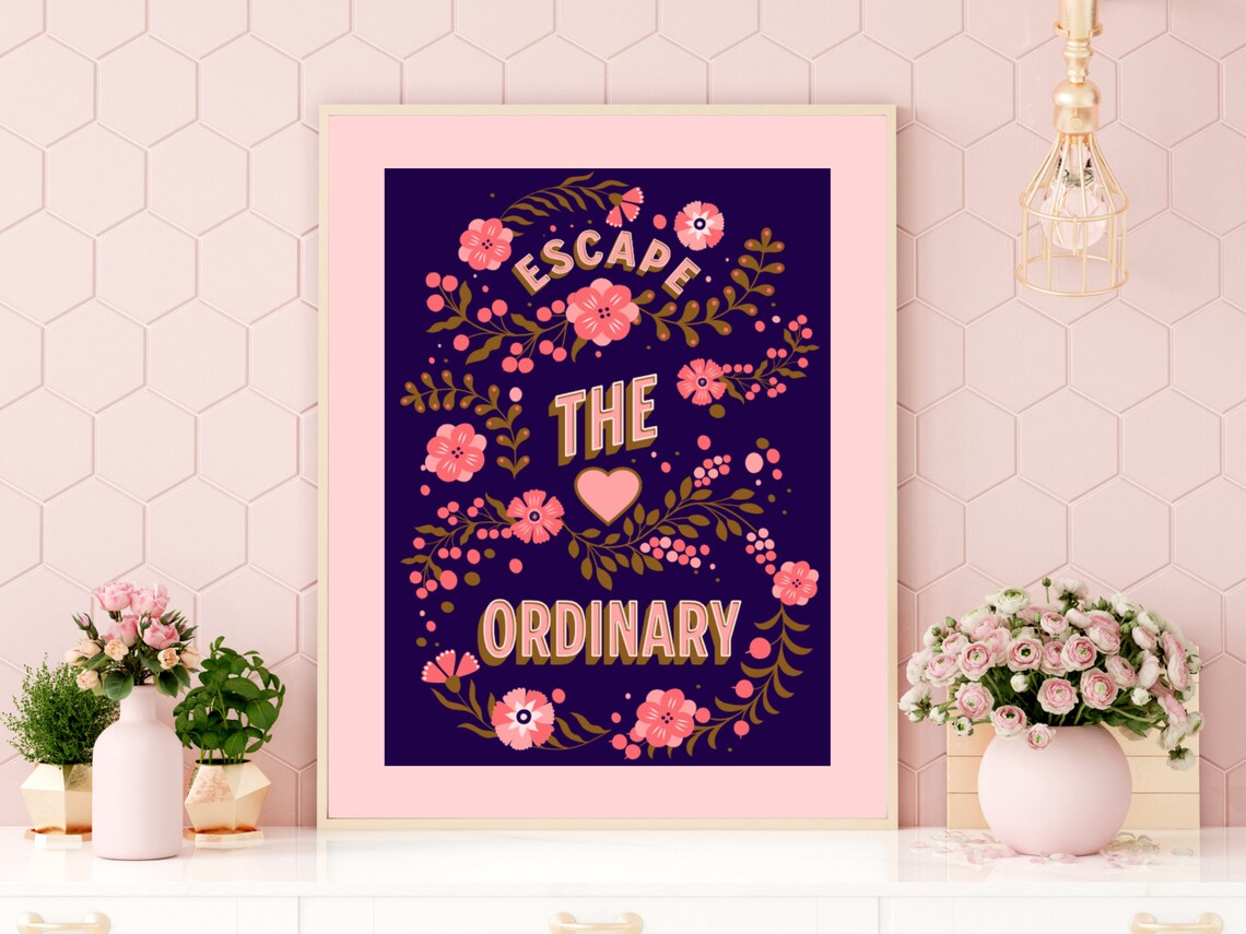 Escape the Ordinary Folk Floral Adventure Quote Poster in Navy - Image 2