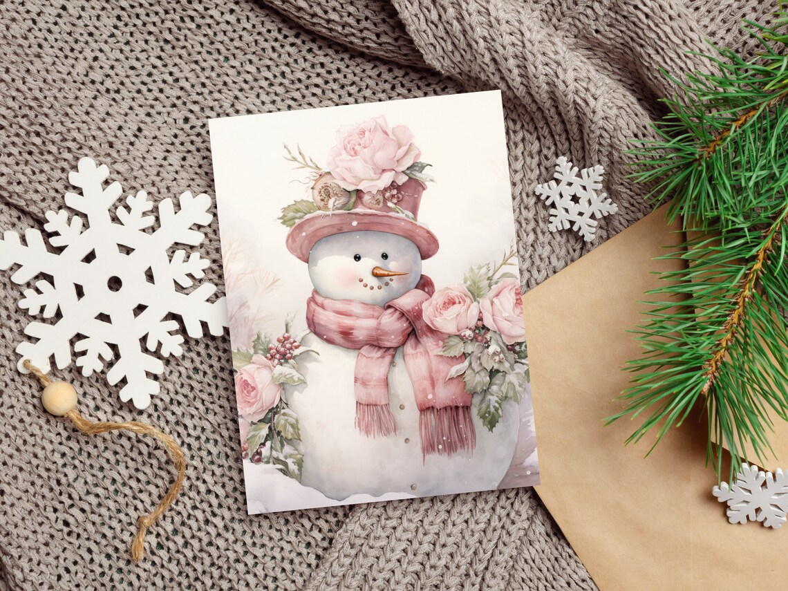 Snowman Holiday Decor, Soft Pink Christmas Art Print - Image 4