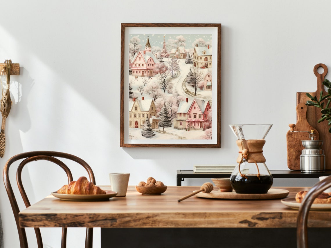 Christmas Village Art Print Winter Wonderland Wall Art Vintage Christmas Scene Old Fashioned Christmas Town Winter Village Holiday Decor - Image 2