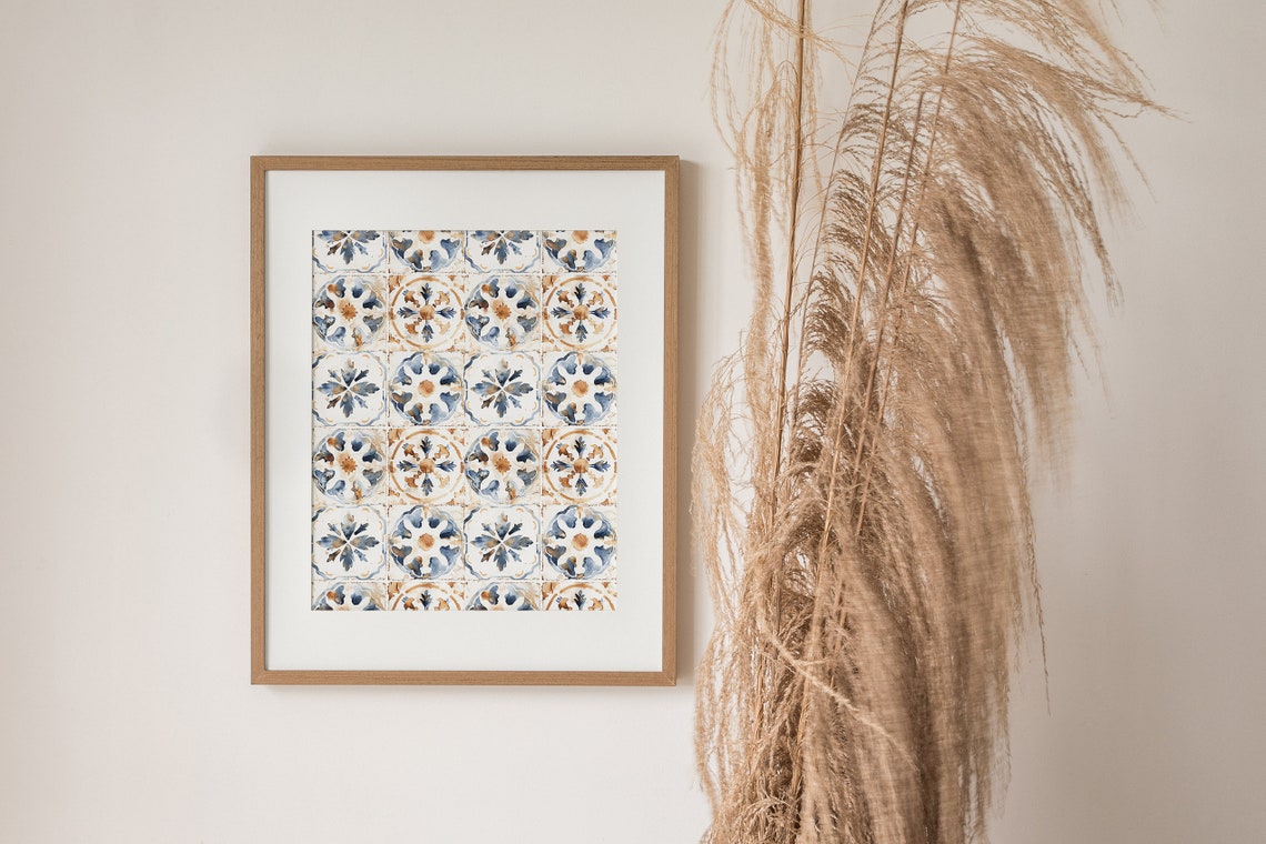 Mediterranean Tile Pattern Blue Brown Watercolor Kitchen Wall Art - Image 3