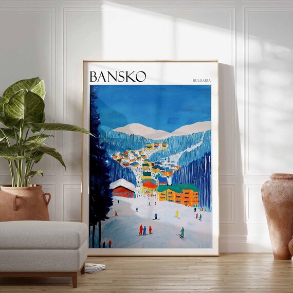 Bansko Bulgaria Colorful Ski Slopes Village Mountain Travel Poster