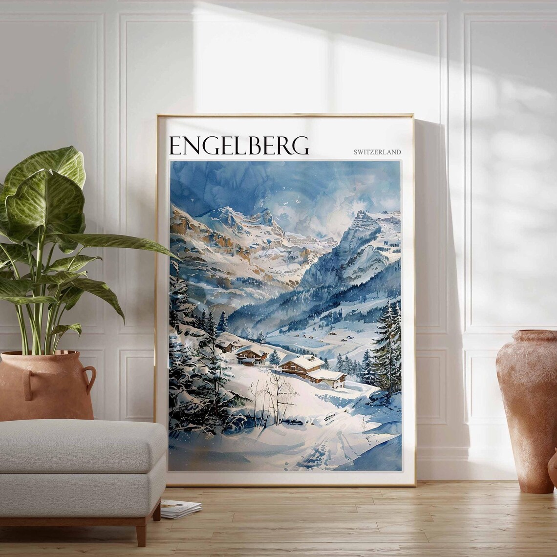 Engelberg Switzerland Watercolor Valley Chalets Snowy Mountain Poster