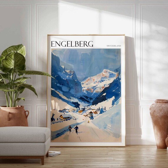 Engelberg Switzerland Valley Skiers Scenic Cross Country Winter Poster