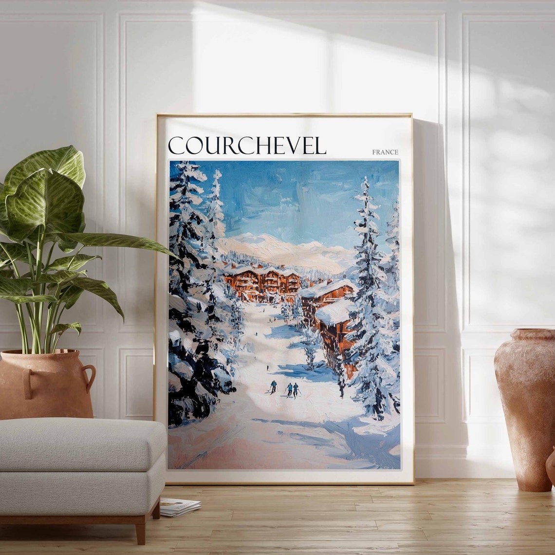 Courchevel France Sunny Ski Slope Chalets Winter Snow Pines Poster