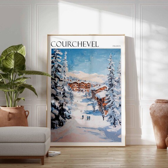 Courchevel France Sunny Ski Slope Chalets Winter Snow Pines Poster
