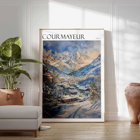 Courmayeur Italy Watercolor Alpine Village Poster with Mountain Peak