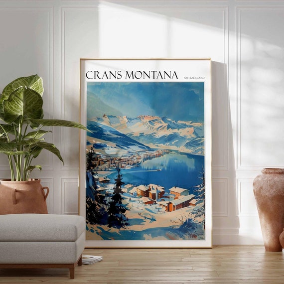 Skiing Travel Poster Art Cransmontana Swiss Alps Print Ski Winter