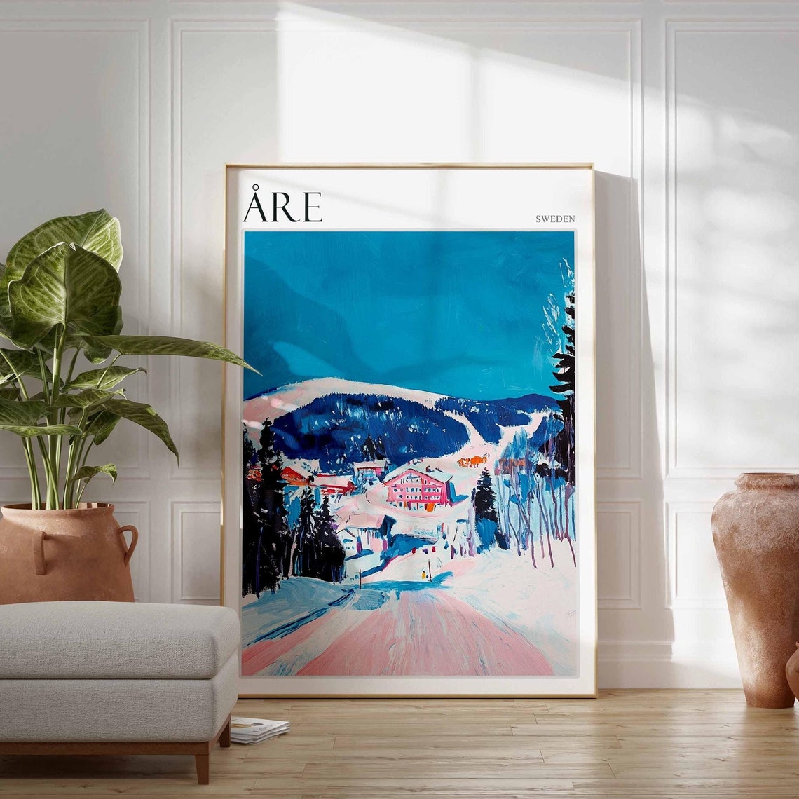 Are Sweden Pink Blue Ski Slopes Alpine Village Winter Poster - Image 2