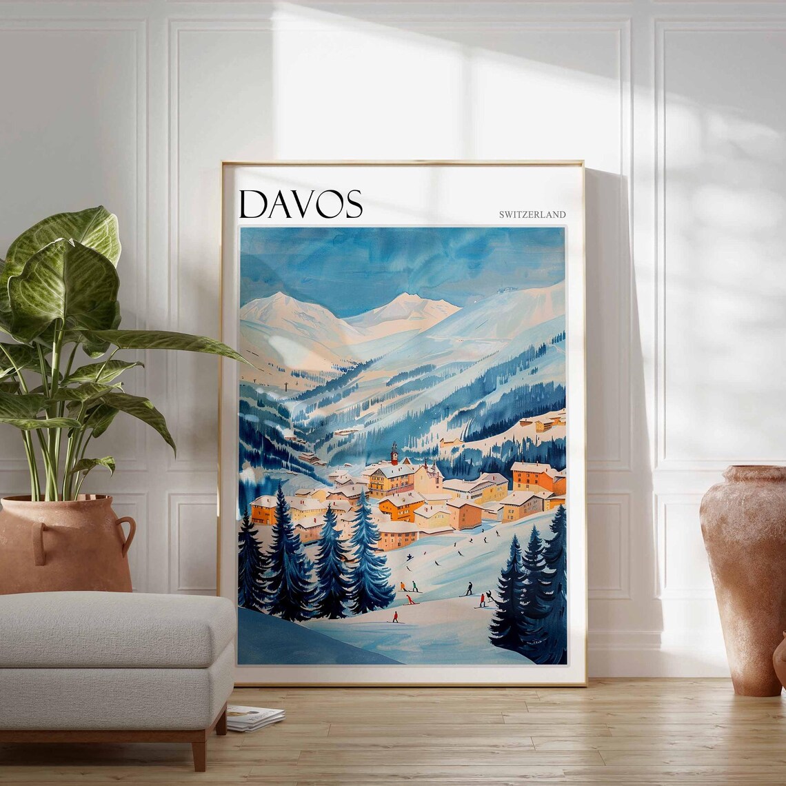 Davos Switzerland Alpine Town Church Steeple Skiers Winter Art Poster