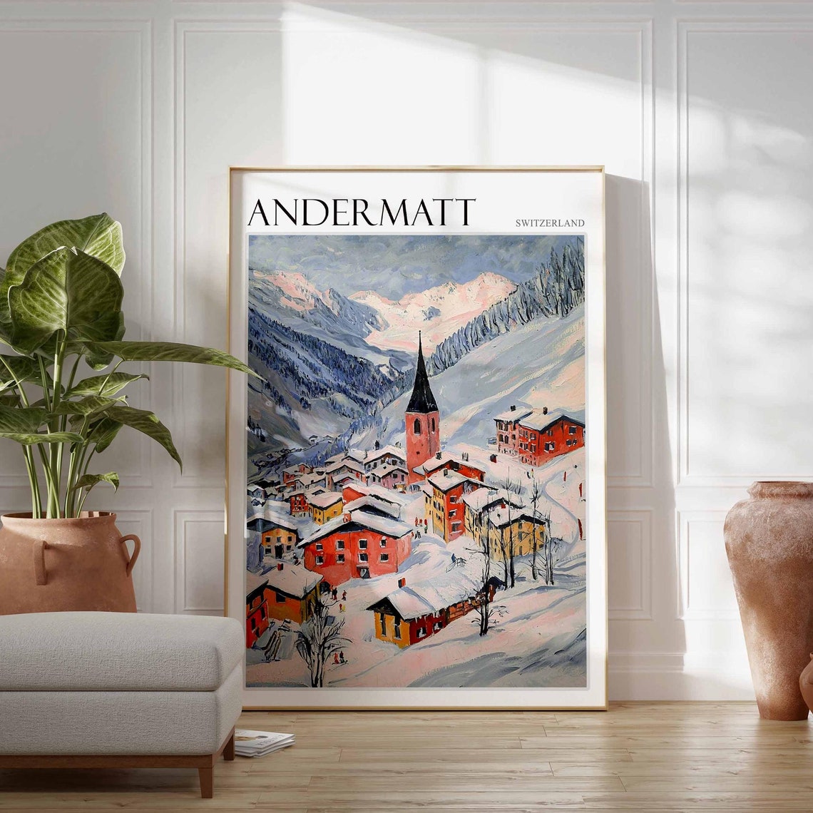 Andermatt Switzerland Snowy Village Church Among Alpine Peaks Poster