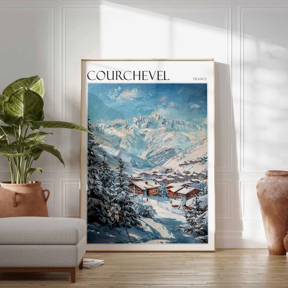 Courchevel France Winter Mountain Chalet Village Skiers Art Poster