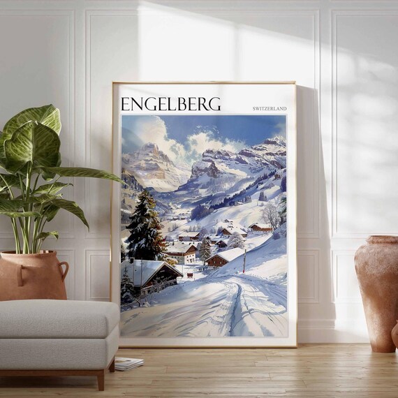 Engelberg Switzerland Snowy Chalets and Ski Trails Winter Scene Poster