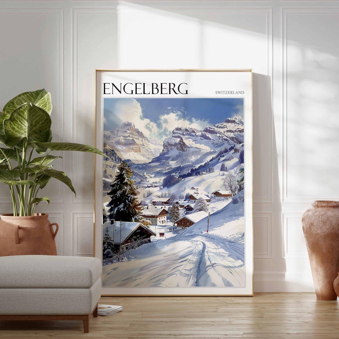 Engelberg Switzerland Snowy Chalets and Ski Trails Winter Scene Poster