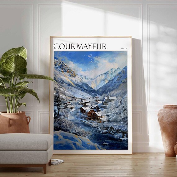 Courmayeur Italy Blue Snowy Winter Village Watercolor Ski Poster