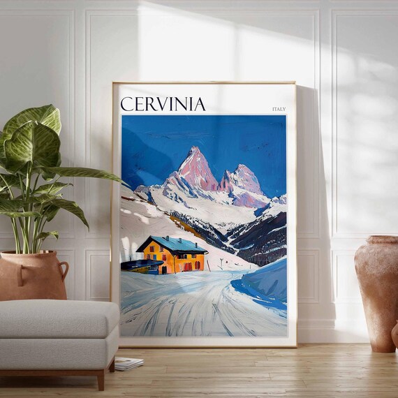 Cervinia Italy Pink Peaks Yellow Chalet Curving Ski Tracks Poster