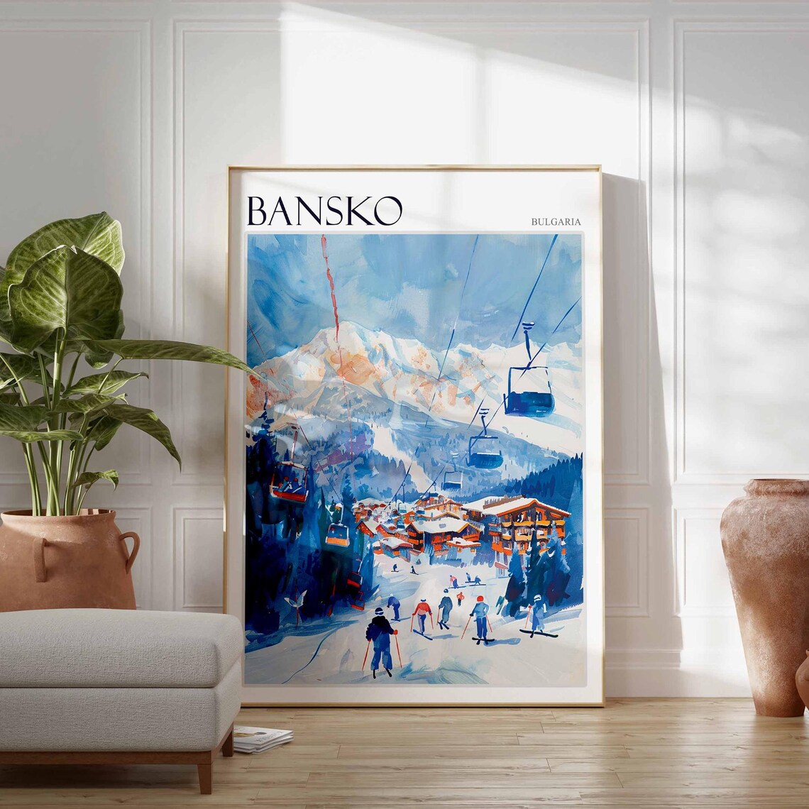 Bansko Bulgaria Gondola Lifts Skiers Snowy Village Scenic Poster