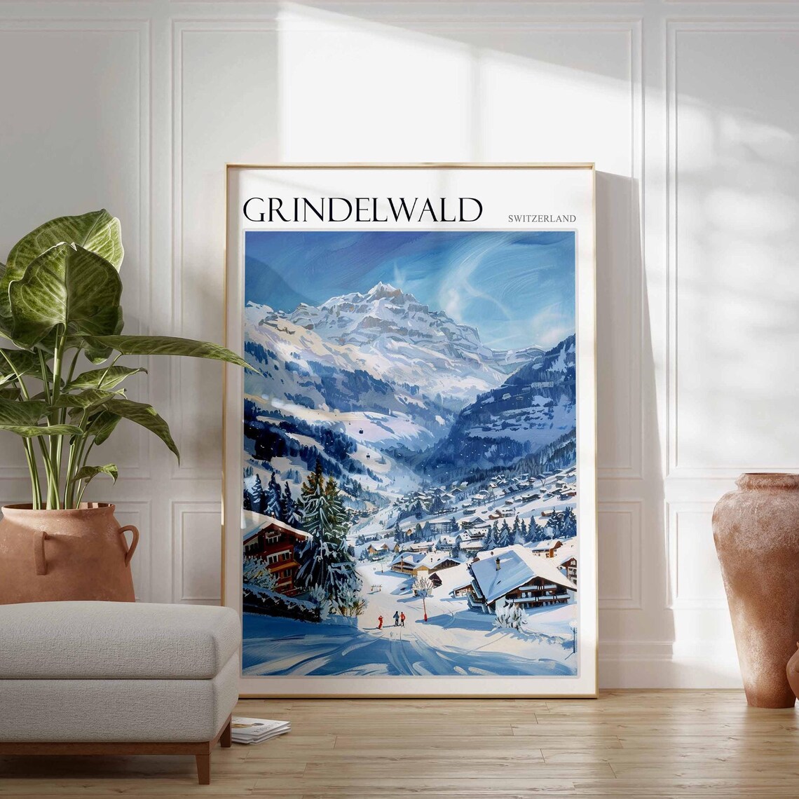 Grindelwald Switzerland Snowy Village Ski Watercolor Travel Poster