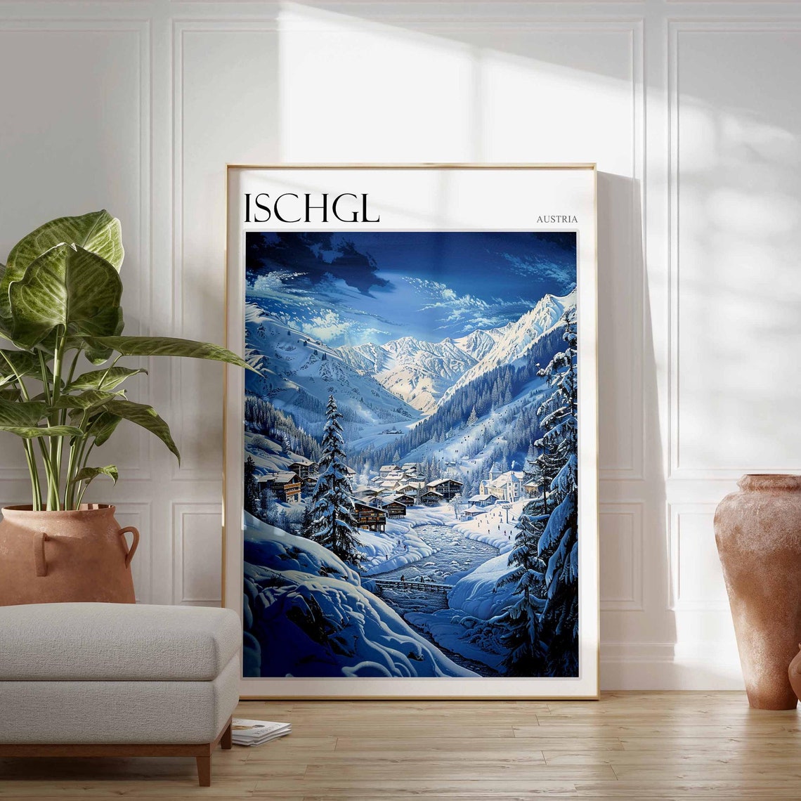 Ischgl Austria Painterly Blue Dusk Winter Village Travel Poster