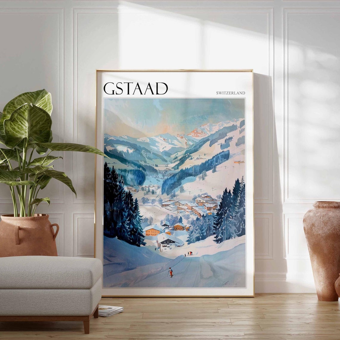 Gstaad Switzerland Lone Skier Pine Slope Winter Scene Poster