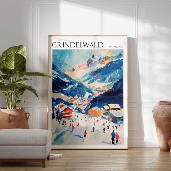 Skiing Travel Poster Skiing Art Grindelwald Poster Swiss Alps Poster Grindelwald Wall Art Swiss Alps Art Alpine Print Mountain Print