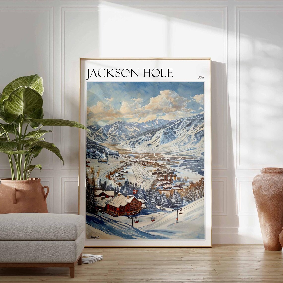 Jackson Hole USA Ski Village Poster with Red Lodge and Chairlifts