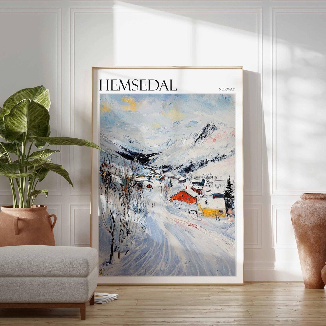 Hemsedal Norway Painterly Snowy Piste Cabins Vintage Travel Poster