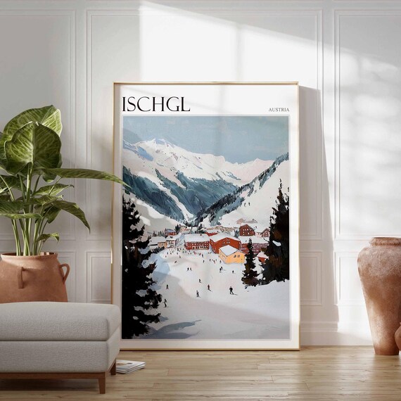 Ischgl Austria Village Slopes Muted Blue Sky Winter Ski Poster