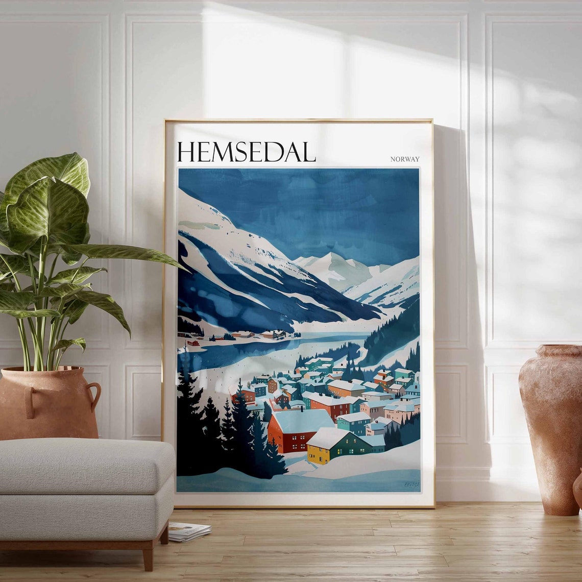 Hemsedal Norway Painterly Village Under Blue Peaks Travel Poster