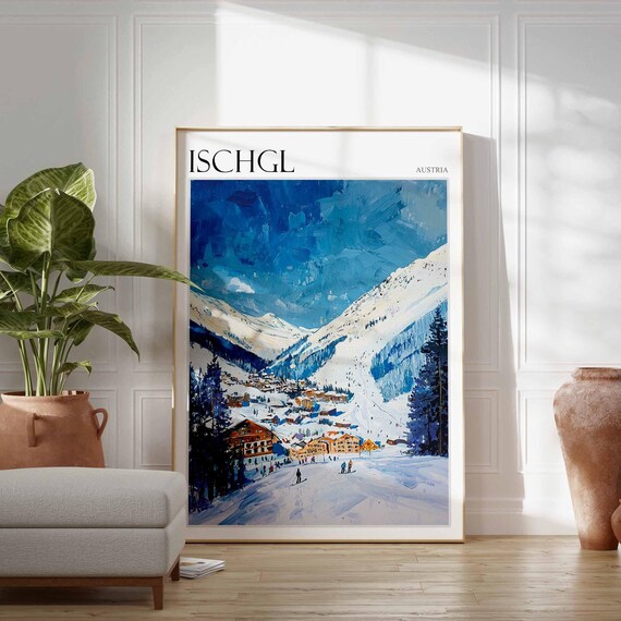 Ischgl Austria Bold Blue Sky Slope Village Winter Ski Poster