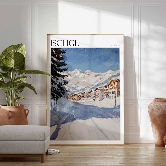 Ischgl Austria Painterly Snowy Ski Village Street Travel Poster