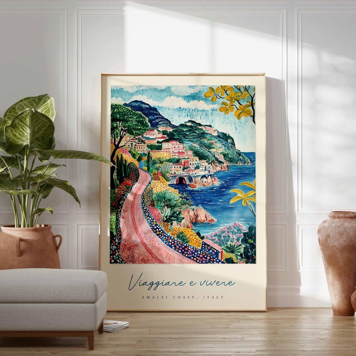 Amalfi Coast Italy Winding Pink Coastal Road Cliff Town Travel Poster - Image 3