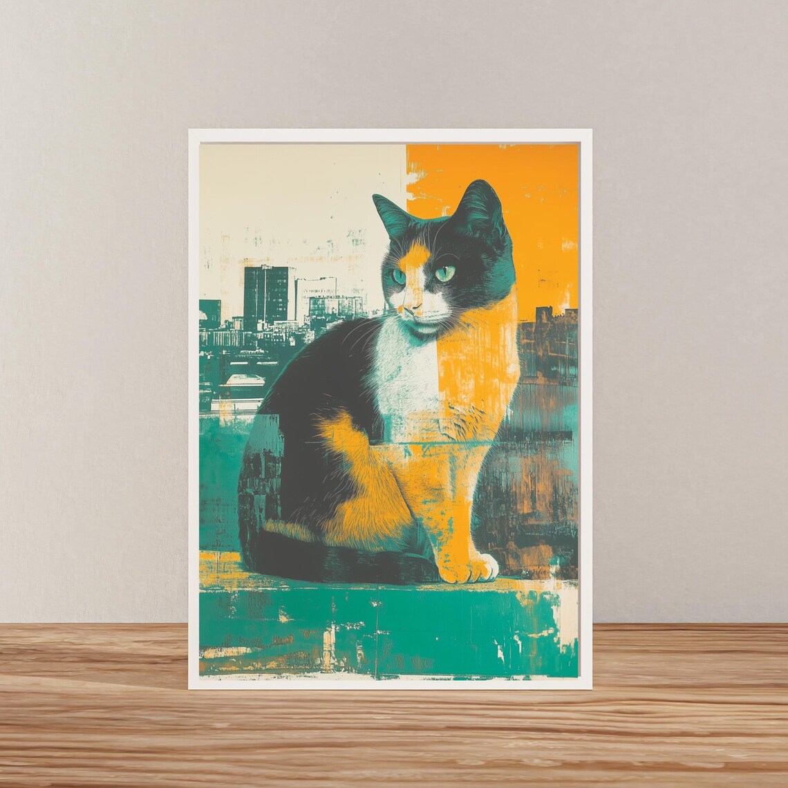 Calico Cat Sitting in Teal Orange Cityscape Pop Art Style Poster