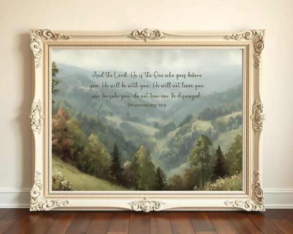 Deuteronomy 318 Bible Verse Print Christian Scripture Wall Art Vintage Mountain Landscape Painting Encouragement Gift