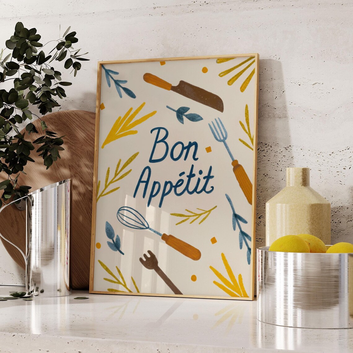 Bon Appetit Hand Drawn Kitchen Utensils Mustard Blue Wall Poster