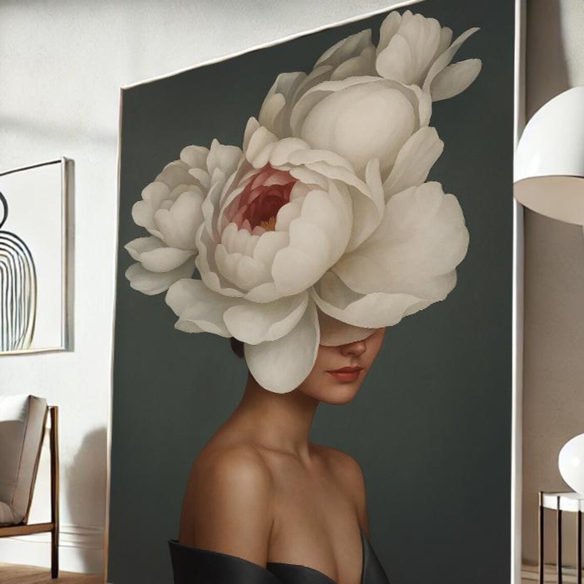 White Peony Flower Head Woman Elegant Dark Botanical Portrait Poster