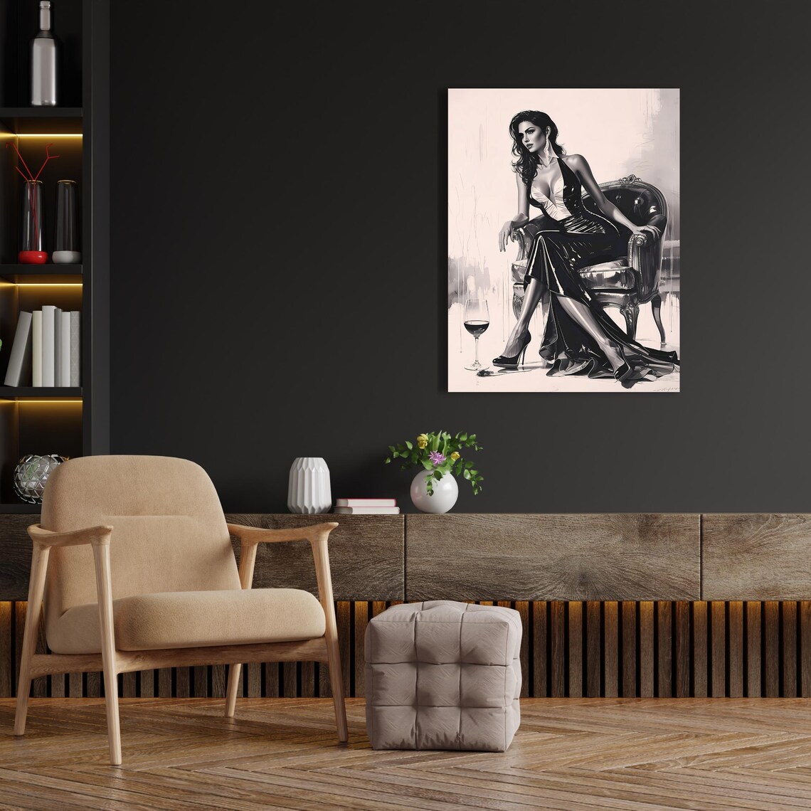 Elegant Woman in Black Dress, Glamorous Fashion Art Print - Image 5