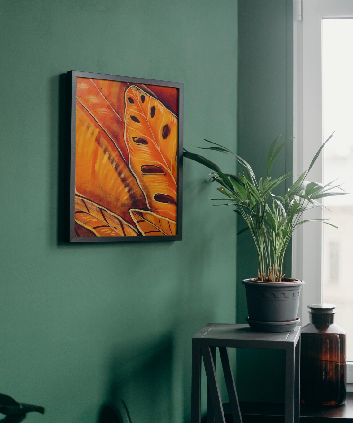 Orange Abstract Tropical Leaf Wall Art Print - Image 3