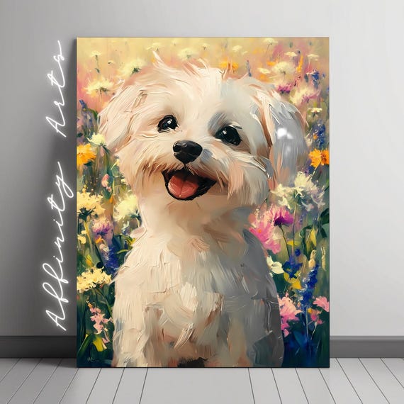 White Puppy Painting, Cute Dog Nursery Decor