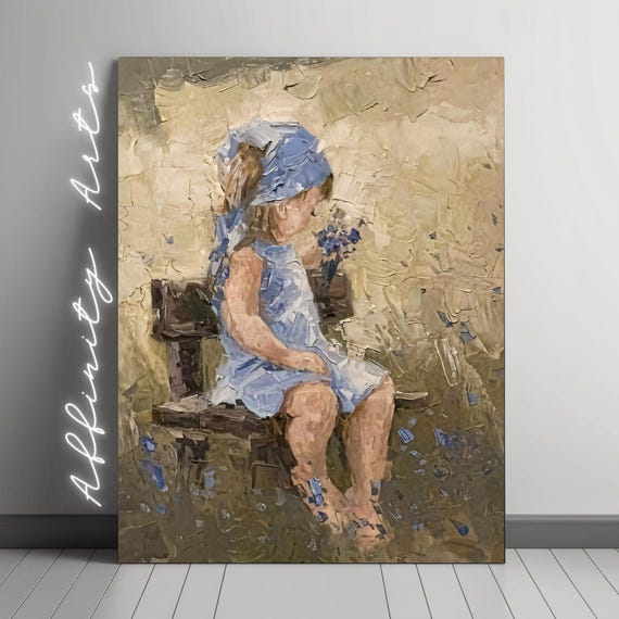 Girl In Blue Dress With Flowers, Impressionist Art Print