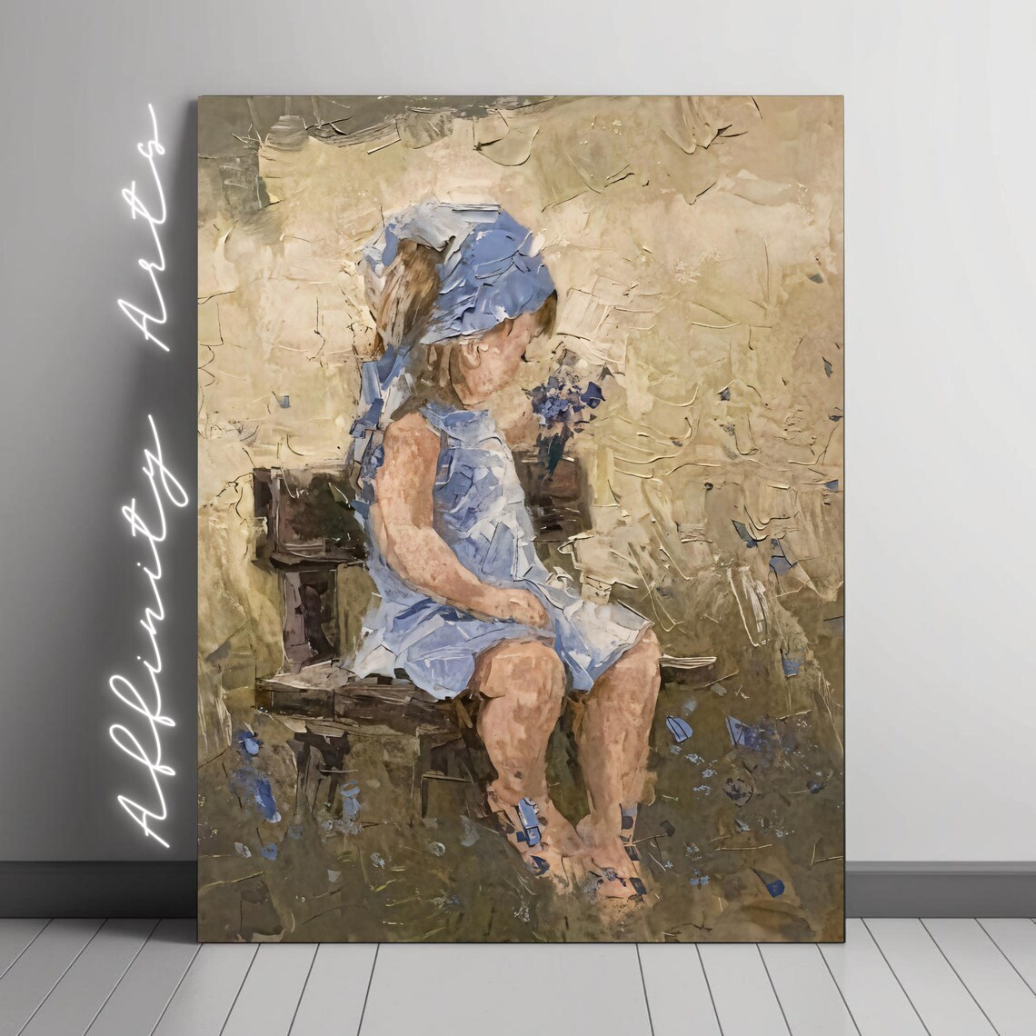 Girl In Blue Dress With Flowers, Impressionist Art Print