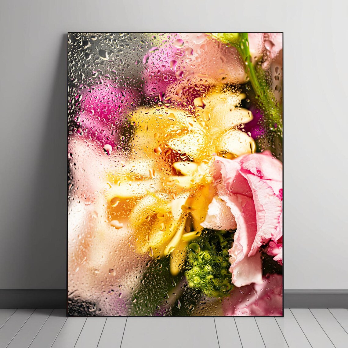 Abstract Floral Art, Vibrant Flowers Behind Rainy Glass
