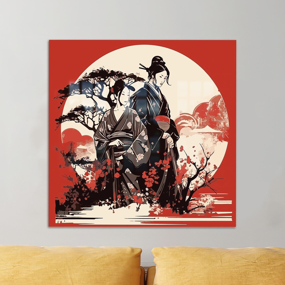 Japanese Kimono Women Red Sun Cherry Blossom Asian Art Wall Poster