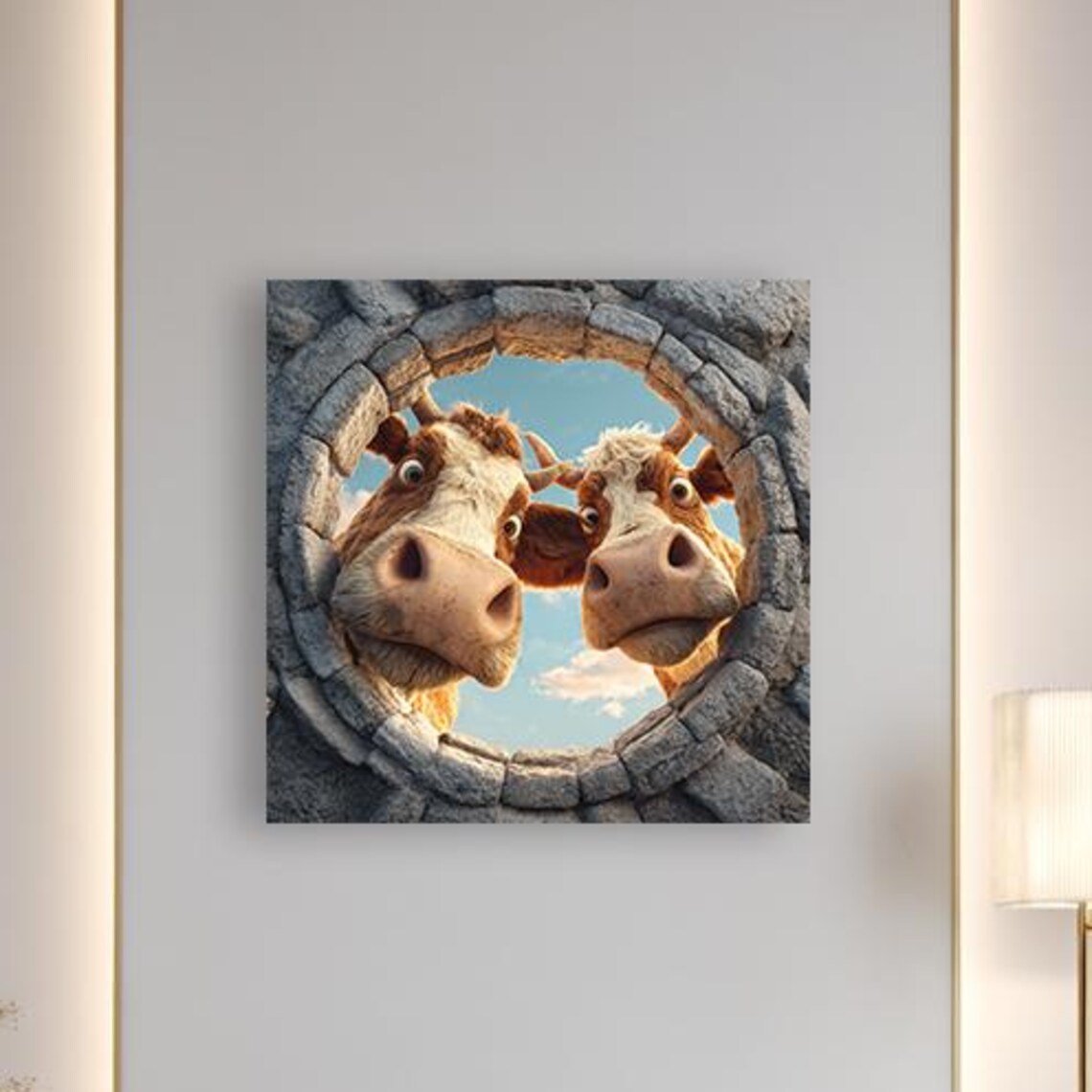 Funny Cows Peeking Through Stone Window Big Noses Farmhouse Wall Art
