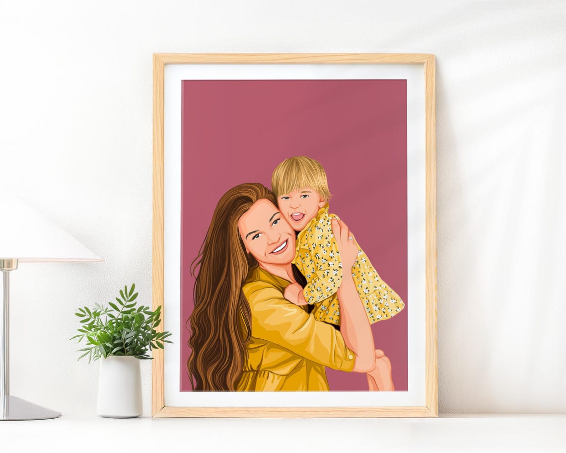 Custom Mom Holding Toddler Faceless Portrait Illustration Poster