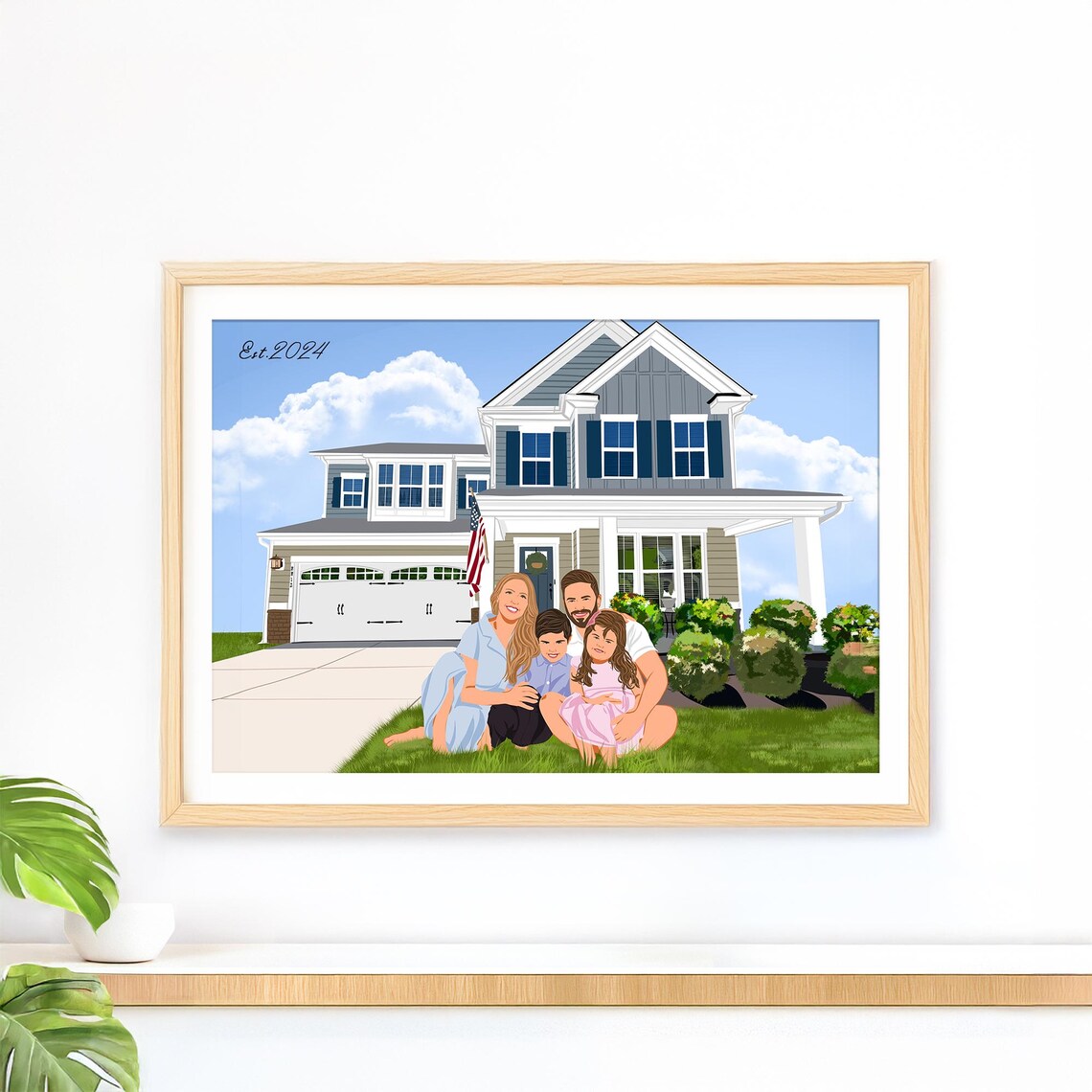 Custom Family Portrait with House Painting from Photo Art Poster
