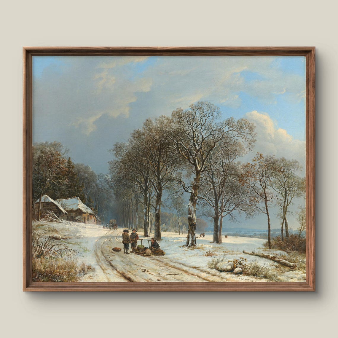 Winter Forest Path with Travelers Vintage Snowy Landscape Poster