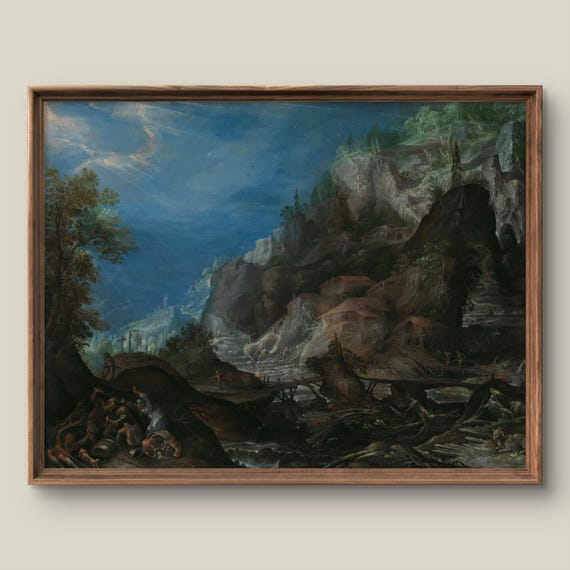 Vintage Night Landscape Art Print Rustic Wall Decor Antique Painting Mountain Instant